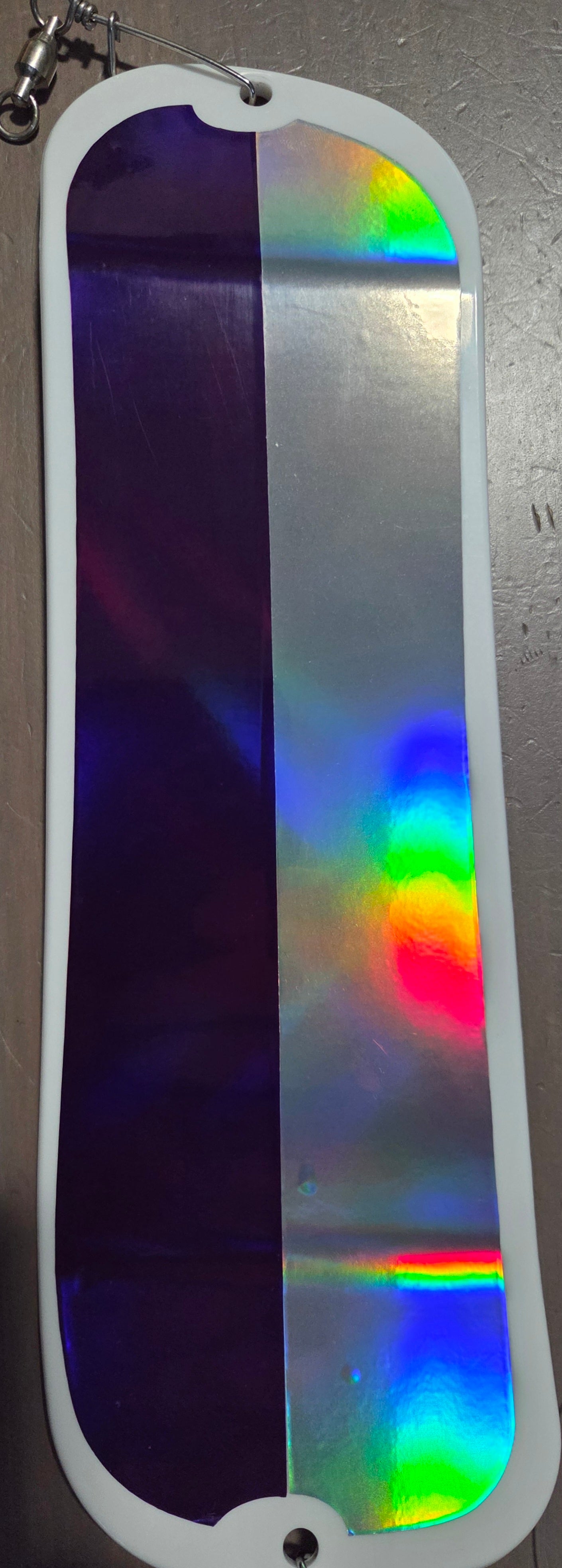 Holographic fishing flasher with rainbow colors and metallic surface