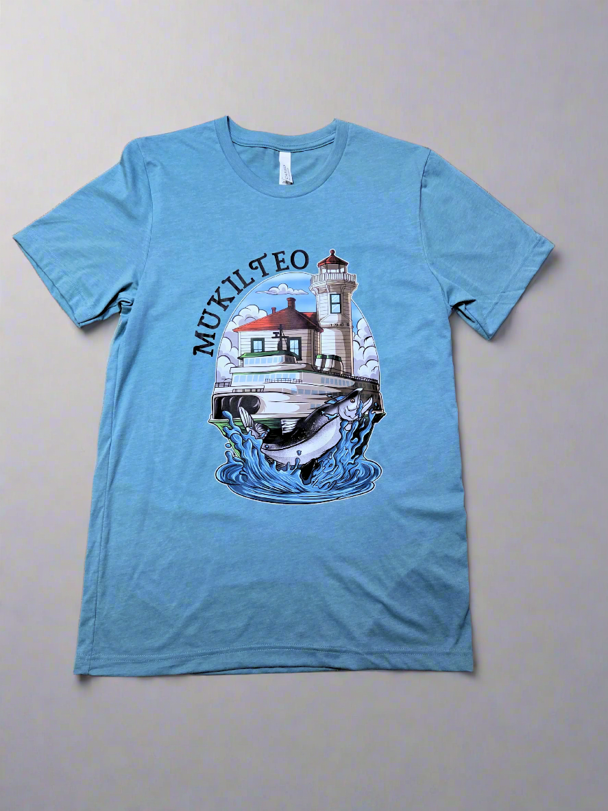 Blue t-shirt with a lighthouse graphic and 'Mukilteo' text 